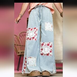 NEW POL STRIPED PATCHWORK WIDE LEG DENIM